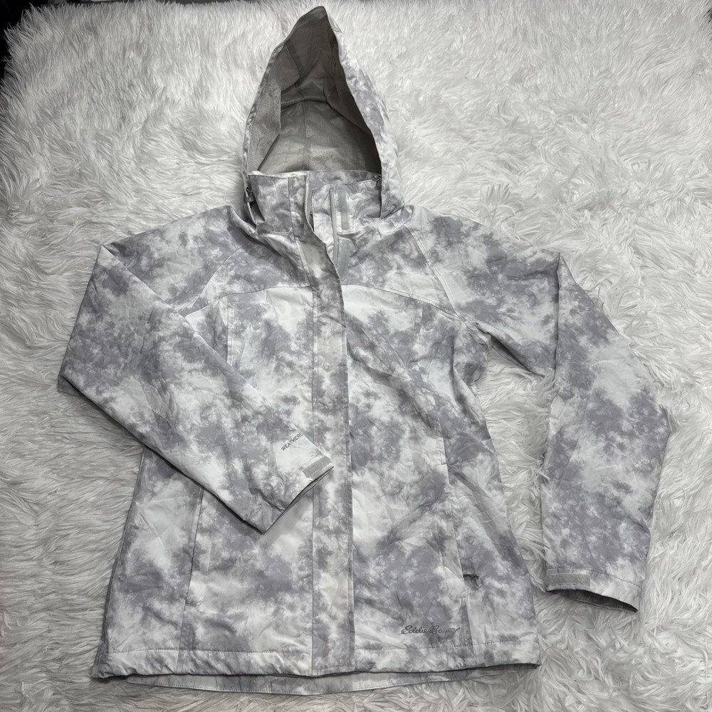 Eddie Bauer Rain Jacket Women's Small Tall TS‎ Gray White Hooded Shell Winter
